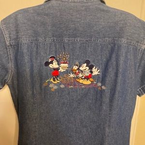 Mickey and Minnie embroidered denim short sleeve button down blouse